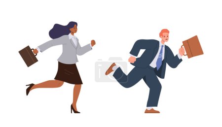 Illustration for Busy businessman and businesswoman cartoon characters in formal wear with briefcase running fast rushing to work vector illustration. Overwork stressed male and female managers hurrying being late - Royalty Free Image