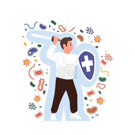 Illustration for Man cartoon character with strong healthy immunity using sword weapon and protective shield fighting against infectious pathogen defending organism from virus and bacteria, vector illustration - Royalty Free Image