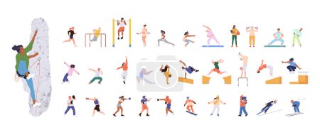 Illustration for Diverse people cartoon characters enjoying different sports activities, extreme hobby and wellness training vector illustration. Dancing, hiking, climbing, training workout, martial arts, parkour - Royalty Free Image