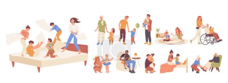 Illustration for Family set with happy parents and children having fun, spending time together, caring for elderly relatives. Mother and father, grannies with grandchildren enjoying everyday activities and interaction - Royalty Free Image