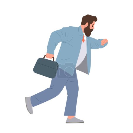 Illustration for Businessman in formal suit feeling stressed carrying briefcase being late looking at wristwatch rushing to work or business meeting vector illustration. Time management failure, deadline concept - Royalty Free Image