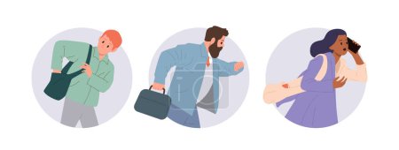 Illustration for Isolated round composition of busy stressed emotional people office staff cartoon characters being late having deadline failure vector illustration. Time management, tight schedule and rush concept - Royalty Free Image