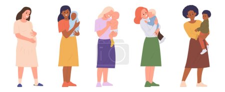 Ilustración de Madre personajes de dibujos animados conjunto aislado. Mujer embarazada feliz, madre de diferente nacionalidad que lleva un bebé de diferente edad vector ilustración. Niños en crecimiento y desarrollo, maternidad feliz - Imagen libre de derechos