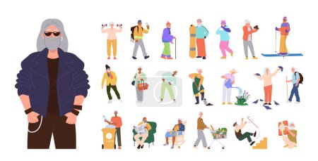 Illustration for Elderly people cartoon characters everyday routine, daily activities, sport, hobby set. Old woman senior man shopping, hiking, trekking, caring plants, walking, having accident vector illustration - Royalty Free Image