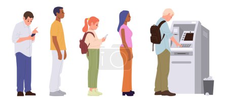 Illustration for Diverse people on various age standing in queue at atm waiting terminal self service to withdraw money cash, perform different financial transactions, cryptocurrency exchange vector illustration - Royalty Free Image