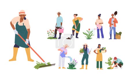 Illustration for People cartoon characters enjoying gardening and planting agriculture work set. Man and woman gardener, farmers planting, harvesting, digging ground, watering flower, raking grass vector illustration - Royalty Free Image