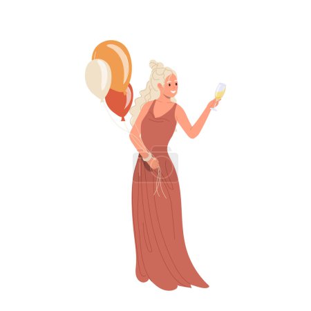 Téléchargez les illustrations : Jolie femme demoiselle d'honneur personnage de dessin animé tenant ballon et verre de champagne pour féliciter et dire illustration vectorielle de pain grillé isolé sur blanc. Cérémonie et célébration du mariage - en licence libre de droit
