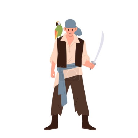 Illustration for Young angry pirate cartoon character with sable standing and parrot sitting on shoulder vector illustration. Marine criminal person staring threateningly ready to attack isolated on white background - Royalty Free Image