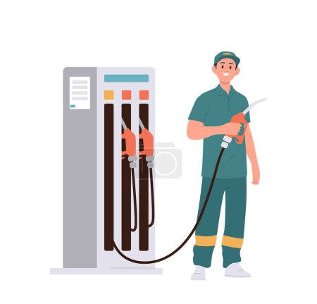 Illustration for Man refueler isolated cartoon character in uniform assisting car drivers in refilling petrol pump at gas station. Automotive petroleum workshop specialist vector illustration on white background - Royalty Free Image