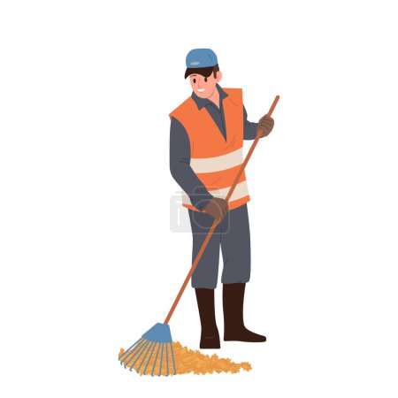 Illustration for Man street cleaners cartoon character wearing uniform sweeping fallen autumn leaves with rake vector illustration isolated on white. Public city service for seasonal yard, sidewalk and road cleanup - Royalty Free Image