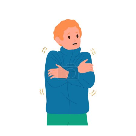 Illustration for Sick boy child cartoon character wearing warm knitted sweater shivering and trembling shaking body hugging himself standing isolated on white. Male kid feeling cold and unwell vector illustration - Royalty Free Image