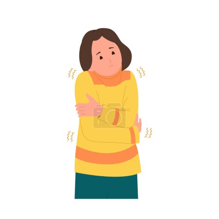 Little girl kid cartoon character feeling chill and cold trembling and shivering with her body vector illustration. Female child demonstrating first symptom of flu disease or viral infection