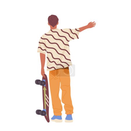 Ilustración de Vista posterior del hombre hipster skateboarder personaje de dibujos animados de pie con la mano levantada para coger el coche de pie aislado en blanco. Hitch-senderismo, skateboarding recreación hobby actividad vector ilustración - Imagen libre de derechos