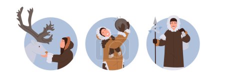 Illustration for Isolated round icon composition with happy Eskimos man and woman cartoon characters everyday activities. Inuit, northern people wearing warm fur national costume lifestyle vector illustration - Royalty Free Image