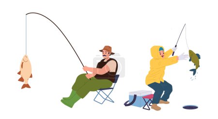 Ilustración de Hombre adulto personaje de dibujos animados aislados disfrutando de pesca de invierno y verano la captura de peces con montado sentado en la ilustración vector silla. Pescador actividad de ocio y ocio hobby durante el fin de semana - Imagen libre de derechos