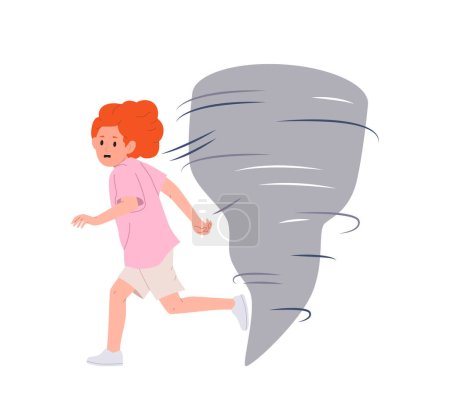 Afraid little girl child cartoon character screaming running away from approaching tornado escaping natural disaster vector illustration isolated on white background. Children in dangerous situation