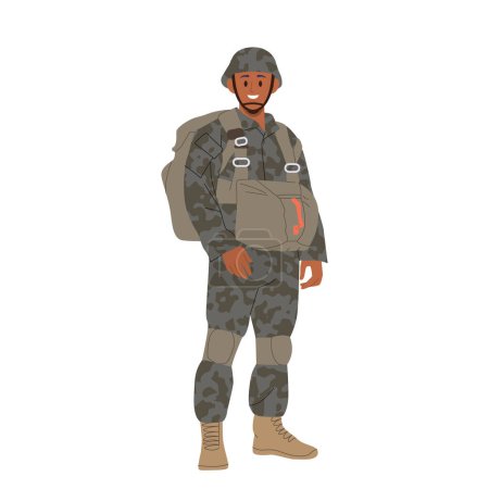 Illustration for Happy smiling brave infantryman military soldier cartoon character wearing camouflage uniform with backpack vector illustration isolated on white background. Special forces and ground troops army - Royalty Free Image