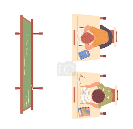 Illustration for Children studying in classroom top view vector illustration. Pupils reading textbook sitting at desk front of blackboard. Back to school, education process and learning activities for kids concept - Royalty Free Image