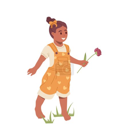 Téléchargez les illustrations : Petite fille mignonne tout-petit personnage de dessin animé enfant debout avec fleur fleur à la main isolé sur fond blanc. Enfant féminin joyeux marchant avec un cadeau floral pour l'illustration vectorielle mère - en licence libre de droit