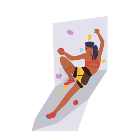 Illustration for Athletic woman climber cartoon characters training on artificial rock wall enjoying extreme sport at indoor gym. Female athlete with belaying bouldering holding stones on cliff vector illustration - Royalty Free Image