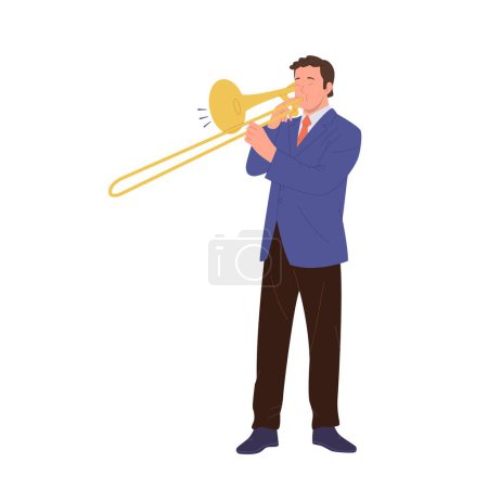 Jazz man personnage de dessin animé jouant de la trompette jouant en solo ou en orchestre isolé sur fond blanc. Homme artiste musical trompettiste soufflant instrument à vent équipement illustration vectorielle
