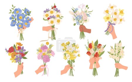 Illustration for Hands holding beautiful bouquet of flower blossoms vector illustration. Floral bunch of natural plants in arms isolated on white background. Holiday botanical present for mothers day or birthday - Royalty Free Image
