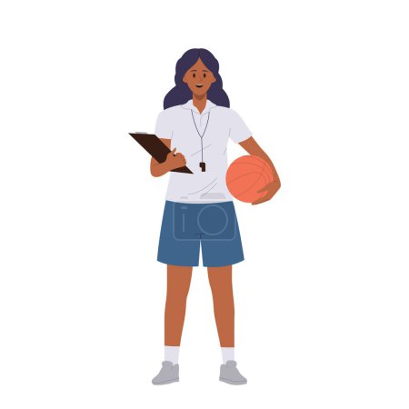 Ilustración de Mujer entrenador deportivo escuela de baloncesto instructor personaje de dibujos animados de pie con pelota y portapapeles aislados sobre fondo blanco. Profesora física profesional en ilustración vectorial uniforme - Imagen libre de derechos