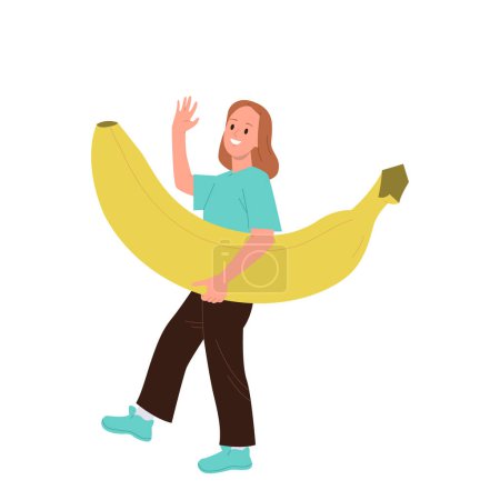 Illustration for Young happy healthy woman cartoon character carrying giant ripe banana fruit waving hand vector illustration isolated on white background. Cheerful female snacking natural organic food at lunchtime - Royalty Free Image