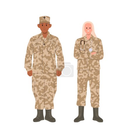 Illustration for Young man and woman soldier professional military combat medic army physician doctors cartoon characters wearing camouflage and stethoscope, vector illustration isolated set on white background - Royalty Free Image