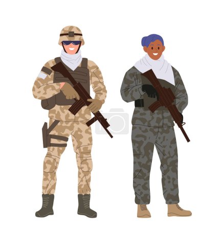 Illustration for Infantry man and woman cartoon characters in camouflage holding rifle gun weapon isolated on white. Military squad team vector illustration. Armored male and female peacekeepers special force - Royalty Free Image
