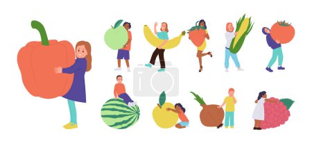 Illustration for Adult people and children cartoon character carrying or hugging giant fresh healthy fruits and vegetables isolated big set vector illustration. Vegetarian nutrition, organic food for healthcare - Royalty Free Image