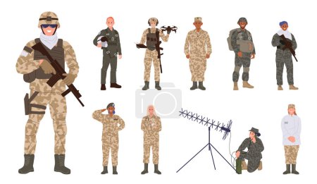 Illustration for Man and woman military people full body cartoon characters big set wearing camouflage uniform. Male and female soldier, special forces infantryman and armed security troops vector illustration - Royalty Free Image