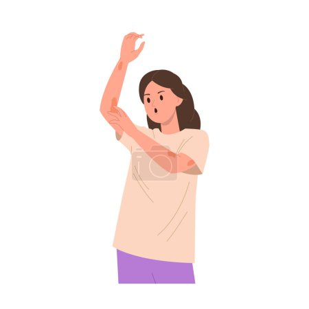Gestresste unglückliche Frau flache Cartoonfigur, die an Schuppenflechte leidet, kratzt rote gereizte Haut an den Händen Vektor Illustration isoliert auf weißem Hintergrund. Hauterkrankungen und Gesundheitsprobleme