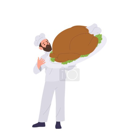 Happy man cook master chef cartoon character wearing uniform holding barbeque hen or roasted turkey standing isolated vector illustration. Traditional holiday food or restaurant menu presentation