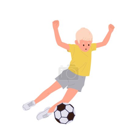 Illustration for Little boy child cartoon character falling down while playing football outdoors isolated on white background. Preschool male kid footballer losing balance kicking soccer ball vector illustration - Royalty Free Image