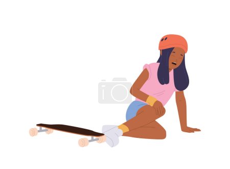 Girl child cartoon character crying feeling pain holding injured knee after falling down during skateboarding activity outdoors vector illustration isolated set on white background. Kids in trouble