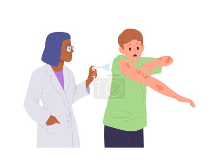 Female doctor treating teenage boy suffering from psoriasis sensitive skin rash isolated on white background. Unhealthy male character with atopy dermatitis inflammation on arms vector illustration