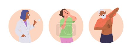 Isolierte runde Ikonenkomposition mit dem Dermatologen, gestressten Patienten-Zeichentrickfiguren, die an Schuppenflechte, Allergie, atopischer Dermatitis oder Ekzemen leiden