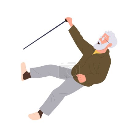 Anciano jubilado personaje de dibujos animados hombre con caña cayendo sensación de mareo, deslizamiento o tropiezo ilustración vectorial aislado sobre fondo blanco. Problema de caminar, accidente peligroso en la carretera
