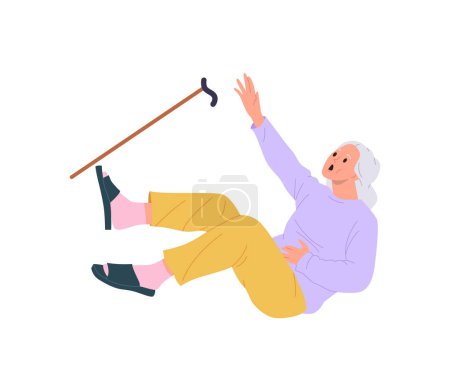 Illustration for Retired elderly woman cartoon character with cane falling down due to wet floor or clumsiness and screaming from fear, feeling pain and injury vector illustration isolated on white background - Royalty Free Image