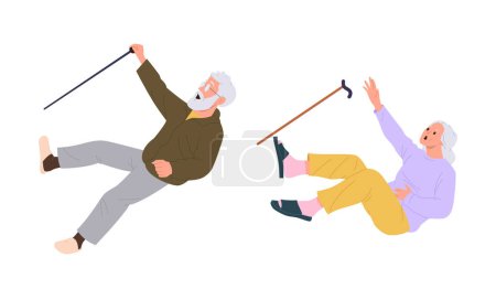 Illustration for Elderly woman and senior man cartoon characters with wooden cane falling down while slipping on wet floor or due to dizziness or clumsiness feeling bad and unwell, isolated vector illustration - Royalty Free Image