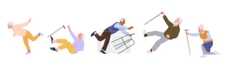 Illustration for Elderly people cartoon characters with cane or walkers falling down isolated set. Aged woman, senior man feeling dizziness, slipping, stumbling vector illustration. Retired people risk situation - Royalty Free Image