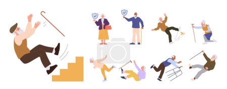Illustration for Elderly people healthcare insurance big set with senior aged man and woman cartoon characters falling down, slipping feeling pain getting trauma and need health protection vector illustration - Royalty Free Image