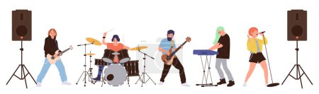 Rock group cartoon characters playing music instruments performing on guitar, drum and synthesizer singing in microphone isolated on white background. Man and woman musicians team vector illustration