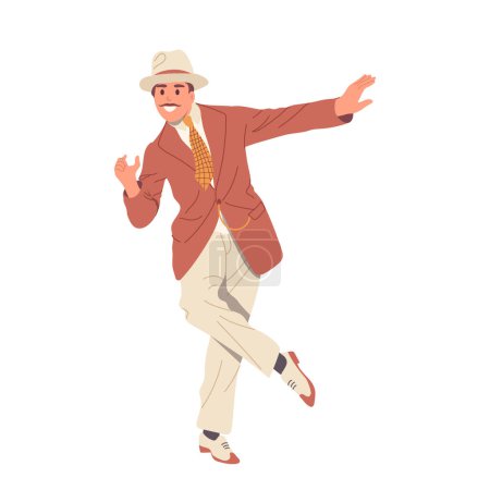 Erwachsene positive ausdrucksstarke funky Retro-Mann Cartoon-Figur tragen stilvolle Vintage-Eleganz Kleidung Stepping Vektor Illustration isoliert auf weißem Hintergrund. Tanzkursvergnügen alter Schule
