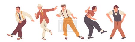 Bündel von fröhlichen Retro-Mann-Cartoon-Figuren, die Kleidung im Old-School-Stil tragen und auf weißem Hintergrund isoliert tanzen. Männliche Tänzer genießen Lindy Hop, Step oder Swing Vektor Illustration