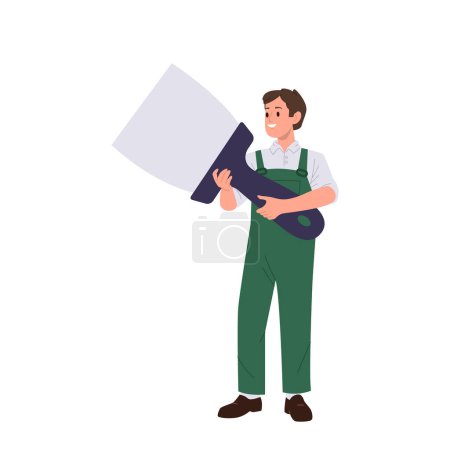 Illustration for Young man plasterer cartoon character with construction work tool isolated on white background. Bricklayer or painter wearing uniform holding spatula trowel for plasterwork vector illustration - Royalty Free Image