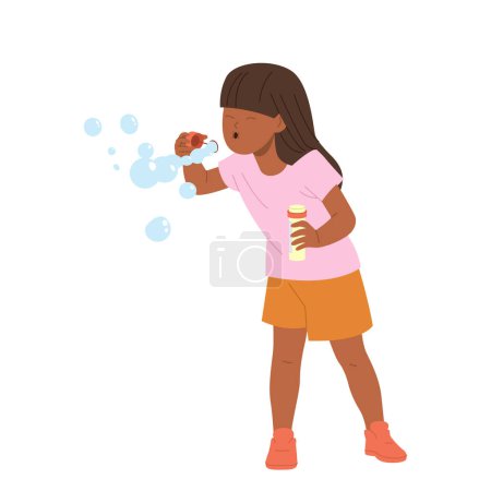 Illustration for Little girl child cartoon character blowing soap bubble having fun outdoors fooling around on foam party enjoying playful summer activity vector illustration isolated on white. Birthday concept - Royalty Free Image