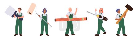 Diverse people builders, carpenters, painters and repairmen cartoon character holding working tools for home renovation and repair vector illustration isolated set on white. People job occupation