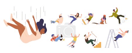 Personas personajes de dibujos animados de diferentes edades que caen al caminar, jugando al aire libre. Adultos, personas mayores, niños resbalando, flotando desde la altura, suelo húmedo, tropezando en las escaleras vector ilustración